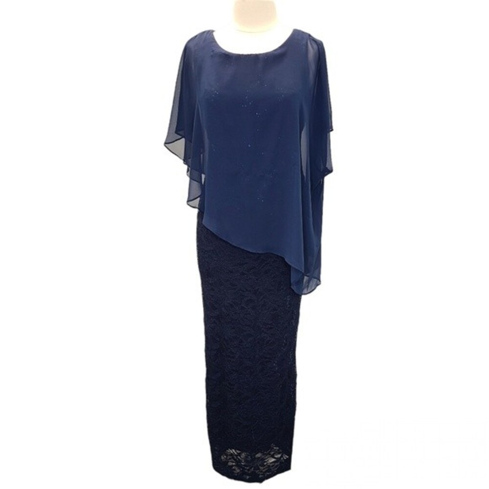 Ronni Nicole Studio Navy Blue Shawled Sequined Lace Long Maxi Wedding Gown Sz 4